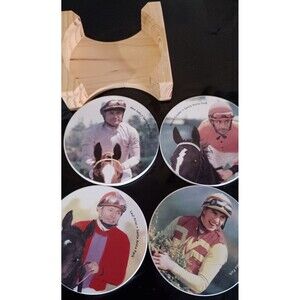 Santa Anita Racetrack Ceramic Drink Coasters Jockeys Horses w/ Wooden Tray